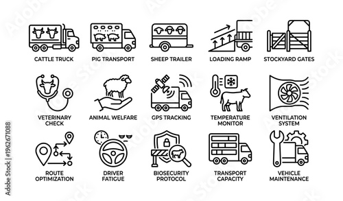 Farm animal transport and safety icons: trucks, trailers, gps, veterinary checks