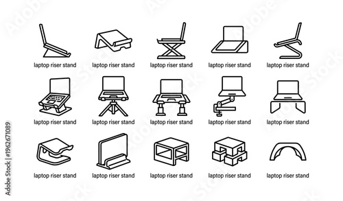 Variety of laptop riser stands in minimalist design icons set