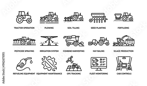 Agricultural machinery icons illustrating farming processes and equipment maintenance