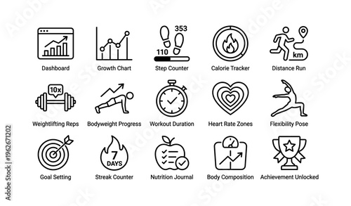 Fitness icons collection featuring activity trackers and health metrics