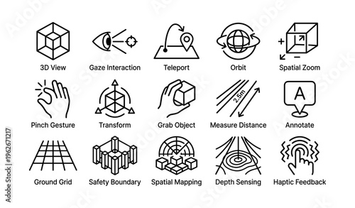 Icon set for virtual reality interactions and spatial mapping techniques