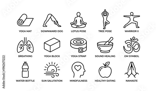 Yoga essentials icons: mat, poses, breathing, and symbols