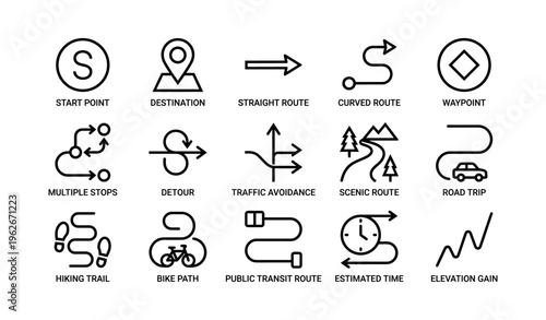 Navigation icons set: routes, destinations, and waypoints