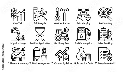 Agricultural technology icons: crop yield, gps drone, machinery, and more