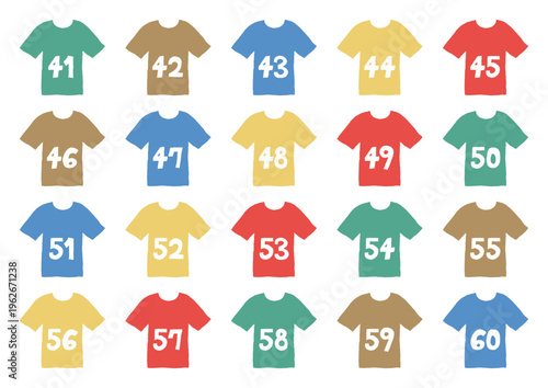 41から60までの数字が書いてあるカラフルなシャツの手描きイラストセット