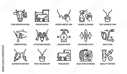 Dairy farming process icons: from cow identification to quality testing procedures