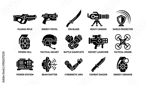 Futuristic weaponry icons collection featuring guns, blades, drones, and power devices