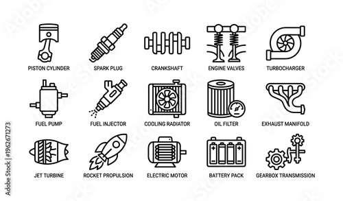 Automotive components icons: engine parts and systems illustrated