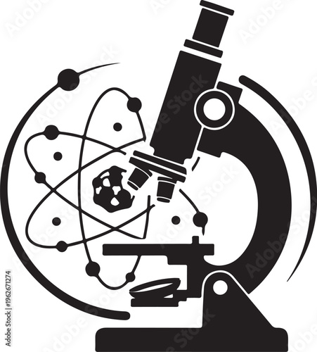 Microscope and Atom Icon Black and White Scientific Illustration