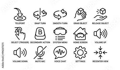 Virtual reality interface icons for control and navigation functions