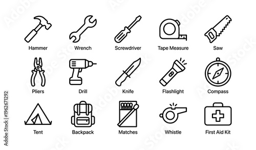 Essential outdoor tools and gear: hammer, wrench, screwdriver, tape measure, saw, pliers