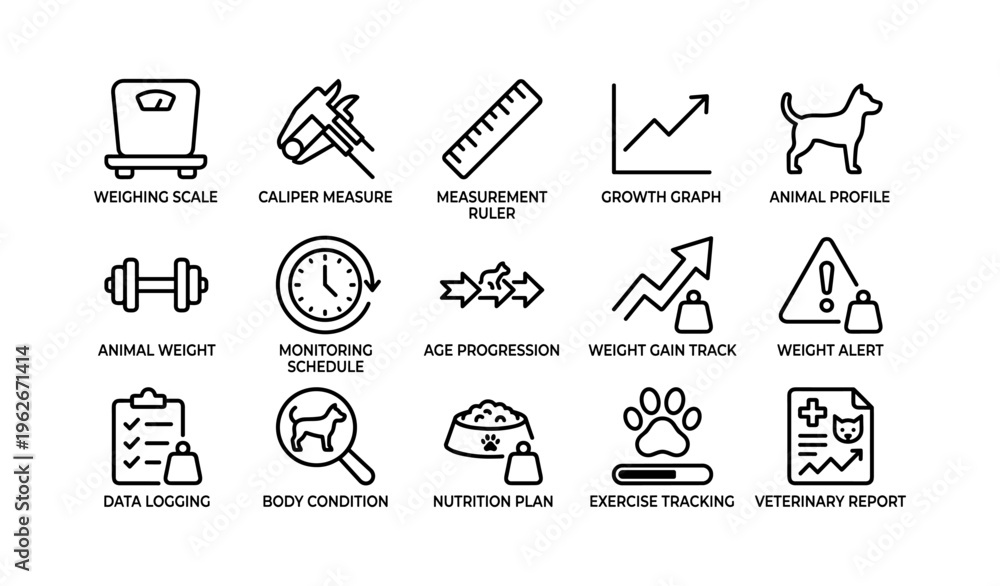 Fototapeta premium Animal weight monitoring icons: scale, measurement, tracking, veterinary report