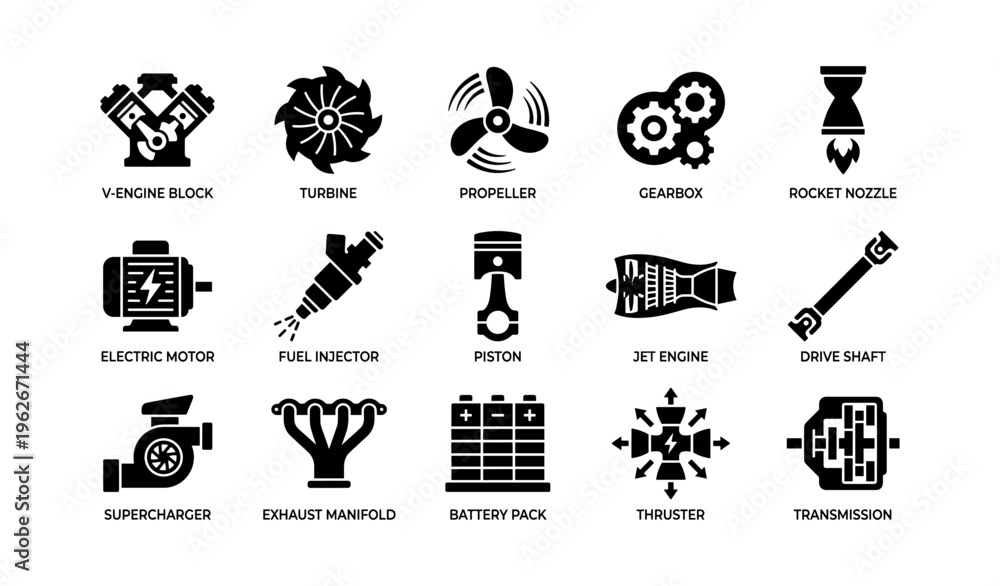 Fototapeta premium Icons of engine components including v-engine, turbine, piston, and gearbox