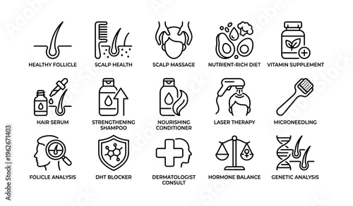Hair health solutions icons: follicle, scalp, diet, vitamins, haircare, treatments, genetics