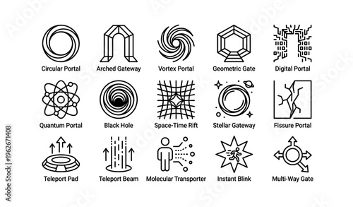 Futuristic icons: circular vortex quantum teleportation transporter designs