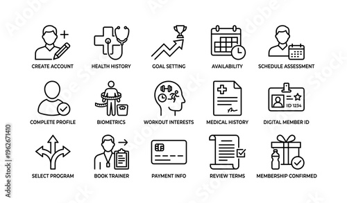 Fitness app interface icons featuring health and scheduling elements
