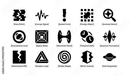 Futuristic icons representing digital disruptions and cosmic phenomena
