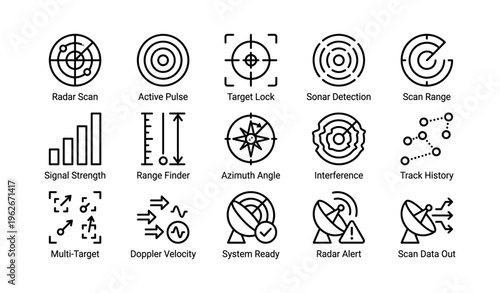 Radar and sonar icons: detection, signal, targeting, and system alerts