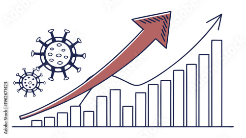 Rising financial chart with virus symbol and arrow up. Concept of economic recovery, pandemic business rebound, market growth, investment return, stock trading analysis, and profit increase.