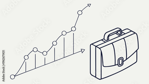Minimal line graph increasing beside business briefcase. Concept of corporate success, financial progress, investment growth, startup development, profit increase, and career strategy.
