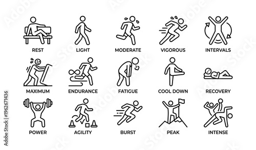 Stick figure exercise icons depicting various fitness stages and activities