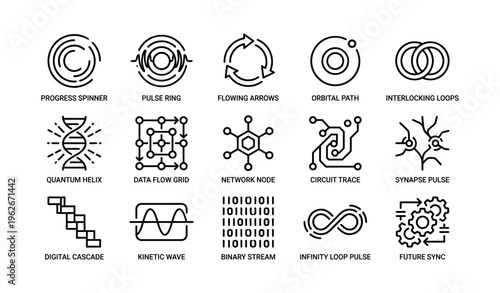 Collection of futuristic icons: progress spinner, quantum helix, network node, binary stream