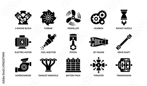 Icons of engine components including v-engine, turbine, piston, and gearbox