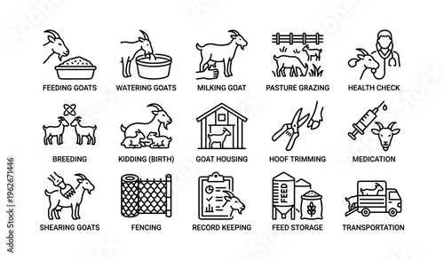 Goat farming icons: feeding, milking, health check, breeding, care