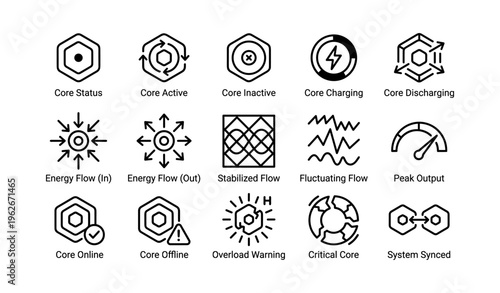 Hexagonal energy icons illustrating core status and system operations