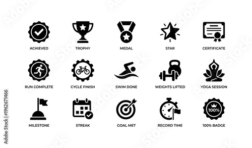 Achievement icons: trophy, medal, star, certificate, milestone, yoga, fitness, goals