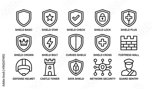 Shield and protection icons: security, defense, and guard symbols