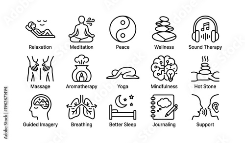 Wellness symbols depicting relaxation meditation therapy and mindfulness practices