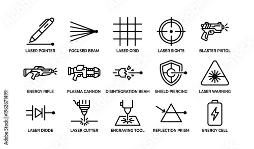 Futuristic laser and energy weapon icons with various functions