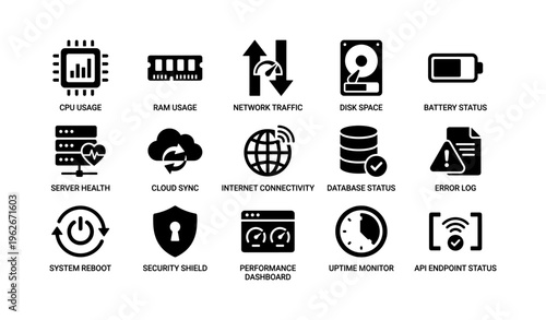 Tech system icons: cpu, ram, network, disk, battery, security