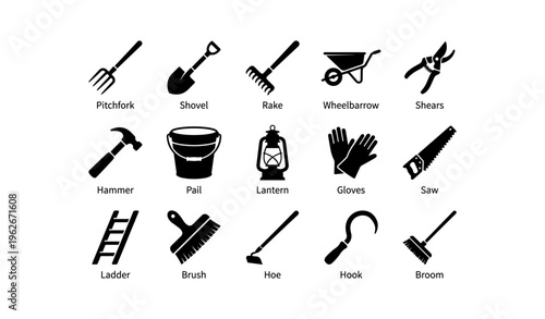 Collection of essential garden tools and equipment icons