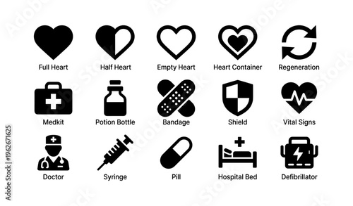 Medical and health icons: heart, medkit, bandage, syringe, pill, hospital bed