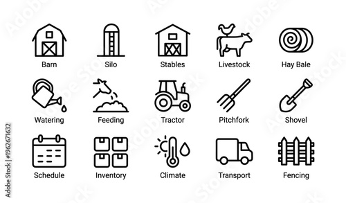 Agricultural icons set featuring barn silo stables tractor livestock tools