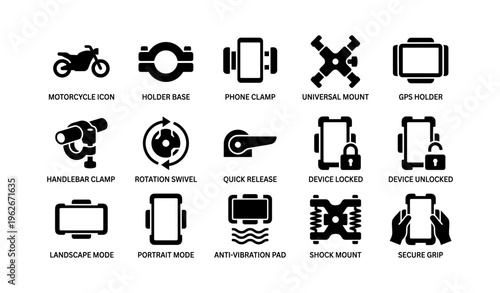 Motorcycle mounting equipment icons: clamps, holders, modes, and more