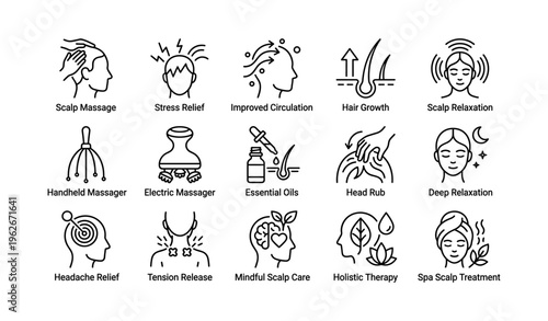 Scalp massage icons for stress relief and hair growth