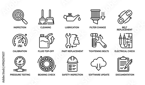 Maintenance icons set: inspection, cleaning, lubrication, electrical check