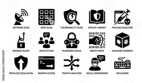 Cybersecurity icons: scanning, exploits, attacks, and defense techniques