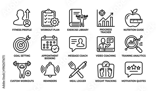 Icons for fitness profile, workout plan, nutrition guide, and progress tracker