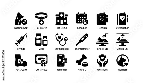 Veterinary icons set: vaccine, pet care, vet clinic, check-up, wellness