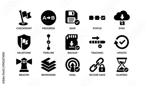 Set of icons: checkpoint, progress, save, status, sync, milestone, timeline, backup