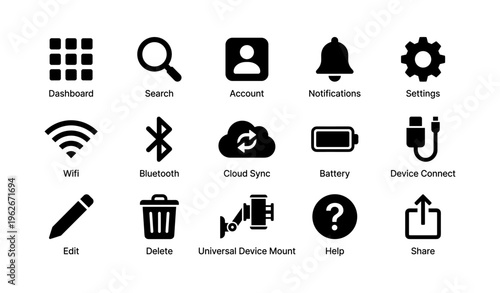 Set of 16 black icon designs for interface navigation and mobile applications