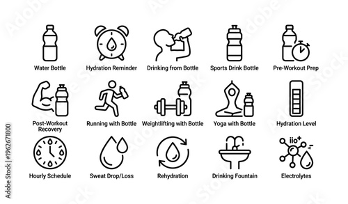 Fitness hydration and workout icons featuring water bottles and exercise symbols