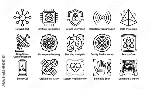 Futuristic technology icons representing ai, encryption, space travel, and more
