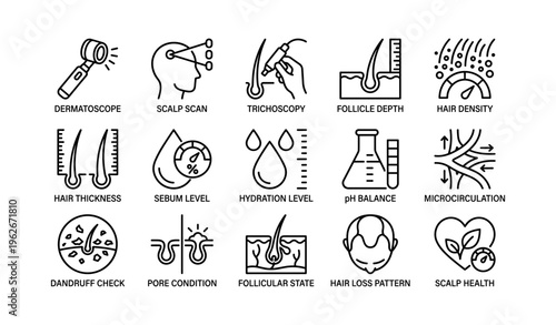 Hair and scalp health icons featuring dermatology and hair analysis tools
