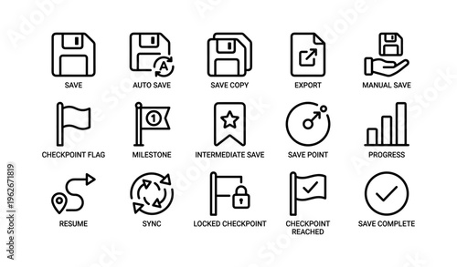 Icon set: save, export, checkpoints, progress, sync for digital interfaces