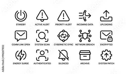 Set of 16 technology alert icons including cybernetic sync, incoming data, and energy surge